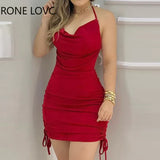 Women Halter Backless Drawstring Ruched Bodycon Dress Party Sexy Dress Elegant Fashion