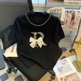 Fashion Beading Bowknot Knitted Sweater Women's O Neck Short Sleeve Sweet Pullover Knitwear Summer Slim Thin Jumper