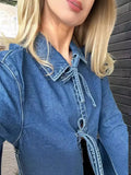 Zingj Fashion Casual Temperament Lace-Up Denim Long Pocket Standing Collar