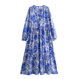 Spring Printed V-Collar Stitched Long-Sleeved Dress