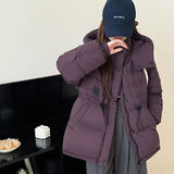 Outdoor Cold Resistant White Duck Velvet Overalls Down Jacket Female 2024 New Fashion Hooded Leather Logo Waist Show Thin Coat-Outfit
