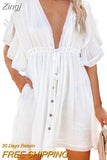 Women Beach Cover Up Dress Sexy Deep V-Neck Ruffle Short Sleeve Drawstring Dress Loose Bikini Cover Ups