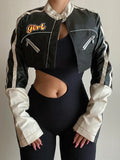 SUCHCUTE Moto Long Sleeve Patchwork Women's Black Crop Jacket Letter Print Fashion Casual Punk Style Coats Jackets Gothic