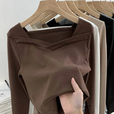 Velvet Bottomed Blouse Women's Autumn And Winter New Design Sense Minority Square Collar Irregular Sanding Western Style Slimming