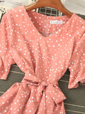 Women Blue/Green/Pink Polka Dot Dress 2023 Vintage High Waist A-line Ladies Vestidos Verano Casual V-neck Dresses