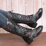 Zingj New Independent Station National Style Totem Women's Fashion Boots Square Heel Printed Large Size Martin Boots Middle Tube Knight