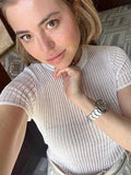 Zingj Wool Chic White Elegant Striped See Through Women Tops Outfits Short Sleeve T-Shirts Tees Skinny Club Party Clothes 211-1-Outfit