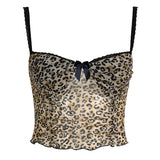 Zingj Hot Girl Leopard Print Mesh Gauze Bow Sling V Collar Lace Stitching Slim Wooden Ear