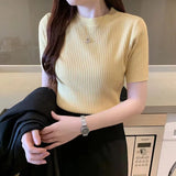 Basic Short Sleeve T-shirts Women 2022 Summer Solid O-neck Thin Knitting T Shirts Woman Korean Slim Fit Ribbed
