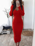 Winter Sexy Bodycon Midi Woman Dress Knitted Long Sleeve V Neck Party Elegant Robe Women's