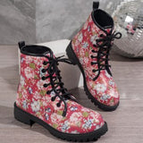 Women's Short Boots 2025 Autumn And Winter New British Wind Round Head Tie Print Low With Martin