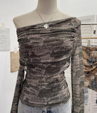 Tie-Dye-Print Mesh Folded Long-Sleeved T-Shirt With A Word-Collar Slanted Shoulder-To-Back Short Top