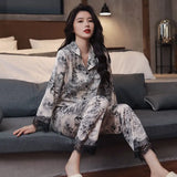 Women Pajamas Sets Sexy Lace Turn-Down Collar Pyjamas Sleep Suit Spring Summer Rayon Nightwear Casual Sleepwear Home