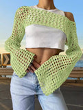 Zingj New Women's Hand Hook Sweater Women's Casual Ultra-Short Horn Sleeve Sexy Grid Smock