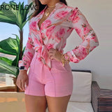 Women Floral Print Long Sleeve Drawstring Hem Loose Blouse Long Sleeve Shirt Women Tops and