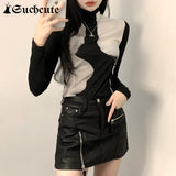 SUCHCUTE Gothic Tie Dye Basic Women T-shirts Slim Dark Academic High Collar Knitted Tee Fairycore Casual Streetwear Clothes