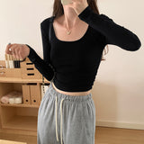 Girls' Short U-Collar Bottomed Shirt Women's Early Autumn New Long-Sleeved T-Shirt With A Shoulder Blouse Inside The