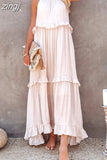 Casual Long Dress Women Summer Female Ruffle Pullover Beach Dresses Ladies Elegant Sleeveless Hollow Tie-Up Party