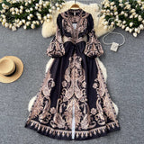 Vintage Dress Women's High-End V-Collar Lantern Sleeves Show Thin Waist Fashionable Print Forked