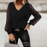 Zingj Spring And Autumn Plaid Knit Stitching Lace Top V Neck Fashion Long