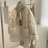 Lamb Wool Splicing Down Cotton Jacket Female Winter 2024 The Korean Version Of Loose Diamond Case Light Warm Cotton-Padded Jacket Padded Jacket Coat-Outfit