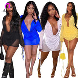 See Through Women 2 Piece Set Solid Long Sleeve Shirts Bodycon Mini Skirts Set 2022 Summer Sexy Deep V Club Party