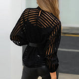 Black Women Mesh Sheer Blouses Ladies Long Sleeve Striped Front Hollow Out Transparent Shirts Blusas Mujer
