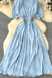 Vintage Green/Yellow/Blue/Beige Short Sleeve Long Dress Women Elegant V-Neck High Waist A-Line Maxi Vestidos New