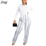 Sleeve Bodysuit and Pants Fringe Tassel Trousers Two Piece Set Tracksuit Fall Women Clothing Sexy Skinny