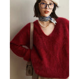 Zingj Feeling Soft Waxy Imitation Mink Velvet V-Neck Sweater Female Autumn And Winter Fashion Lazy Wind Milk Fufu Knit