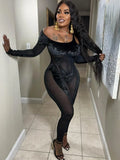 Velvet Patchwork Mesh Jumpsuits Women Long Sleeve Off Shoulder Sexy Slim One Piece Outfits Lady Attirewear