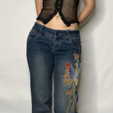 Street Style 2023 Women's Wear Butterfly Embroidery Retro Design Low-Waisted