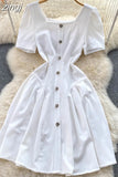 Vintage Square Collar Single Breasted Mini Dress Women Elegant Short Sleeve High Waist Ruffle Patchwork Casual