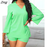 Women Plain Bell Sleeve V-Neck Long Casual Loose Top & Shorts Set Casual Summer Solid Streetewar Suit