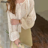 Women Blouses Floral Single Breasted O-neck Chiffon Patchwork Sweet Tender Elegant Lantern Sleeve Ulzzang Fairy Retro Shirts