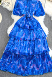 Women Vintage Tie Dye Printed Ruffle Pleated Long Dress Purple/Red/Blue/Green Stand Collar Single Breasted Maxi Robe