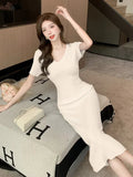Zingj V-Collar Short-Sleeved Knitted Dress For Women In Summer, A Thin, Tight Waist, Slim, Slim, Medium-Length Hip