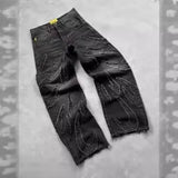 Ancient Bat Pattern Embroidered Loose Jeans Men's Street Y2K Pants Lazy