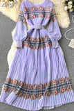 Bohemian Women Printed Pleated Long Dress Elegant Vacation Beach Maxi Vestidos Female Lantern Sleeve Draped Robe