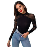Zingj Autumn New Women's Round Collar Fashion Mesh Stitching Long Sleeve Slim Solid Color