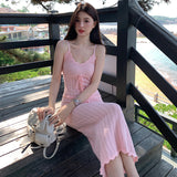 Zingj Pink Lace Sexy Sling Dress Women's Summer Waist V-Collar Knitted Skirt Hollowed-Out Hip