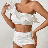 New Sexy High Waist Ruffles Bikini Sets Solid White Bandeau Swimwear Women Swimsuits Bathing Suit Brazilian
