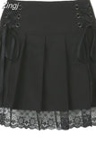 Lolita Style Sweet Pink Lace Trim High Waist Mini Skirt Women Harajuku Korean Tie Up Pleated Skirt Double Layer