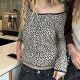 Zingj Spice Wind Leopard Print Color Long-Sleeved T-Shirt Round Collar Slim Thin Base Versatile Top