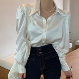 Bubble Sleeve Loose Satin Button Lapel Shirt Elegant Women Shirt Tops White New Chic Women Blouse Blusas Mujer