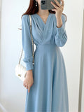 Dresses for Women Vintage Robe V-neck Puff Sleeve Folds Vestidos Mujer High Waist Temperament