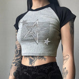 Zingj Girls Basic Top 2023 Summer Metal Five-Pointed Star Print Rotator Sleeve Contrast Color Round
