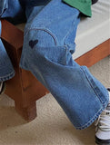 Summer Blue Denim Jeans Women Korean Loose Love Pattern Baggy Jeans Feminino Wide Leg Pants Pantalon Pour