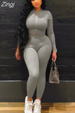 Casual Two Piece Set Women Clothing Solid Long Sleeve Zipper Crop Top Pencil Pants Matching Fall 2023 Fitness