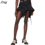 Women Solid Color Gothic Punk Irregular Skirts Summer Fashion Drawstring Tie-Up Ruched Ruffles Mini Skirt